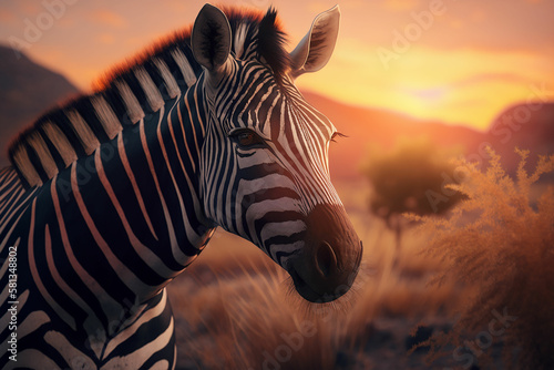 At sunset  a zebra s was captured in a macro shot with Generative AI technology