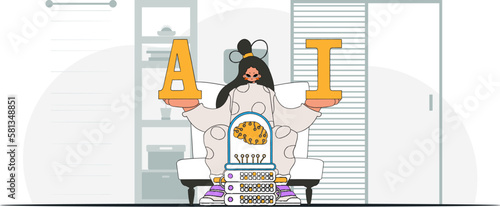 ﻿Girl stylishly holds AI brain in vector illustration.