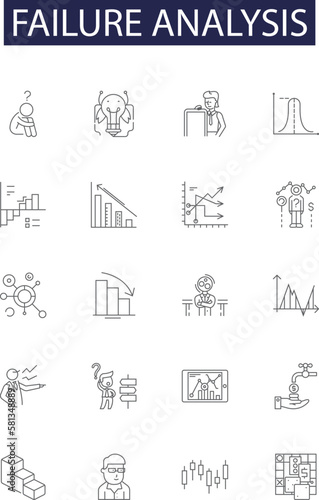 Failure analysis line vector icons and signs. Analysis, Malfunction, Blame, Mistake, Error, Defect, Problem, Faults outline vector illustration set