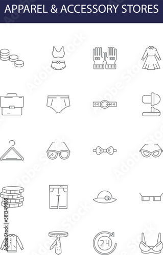 Apparel & accessory stores line vector icons and signs. Shoes, Bags, Watches, Sunglasses, Jewellery, Scarves, Wallets, Belts outline vector illustration set