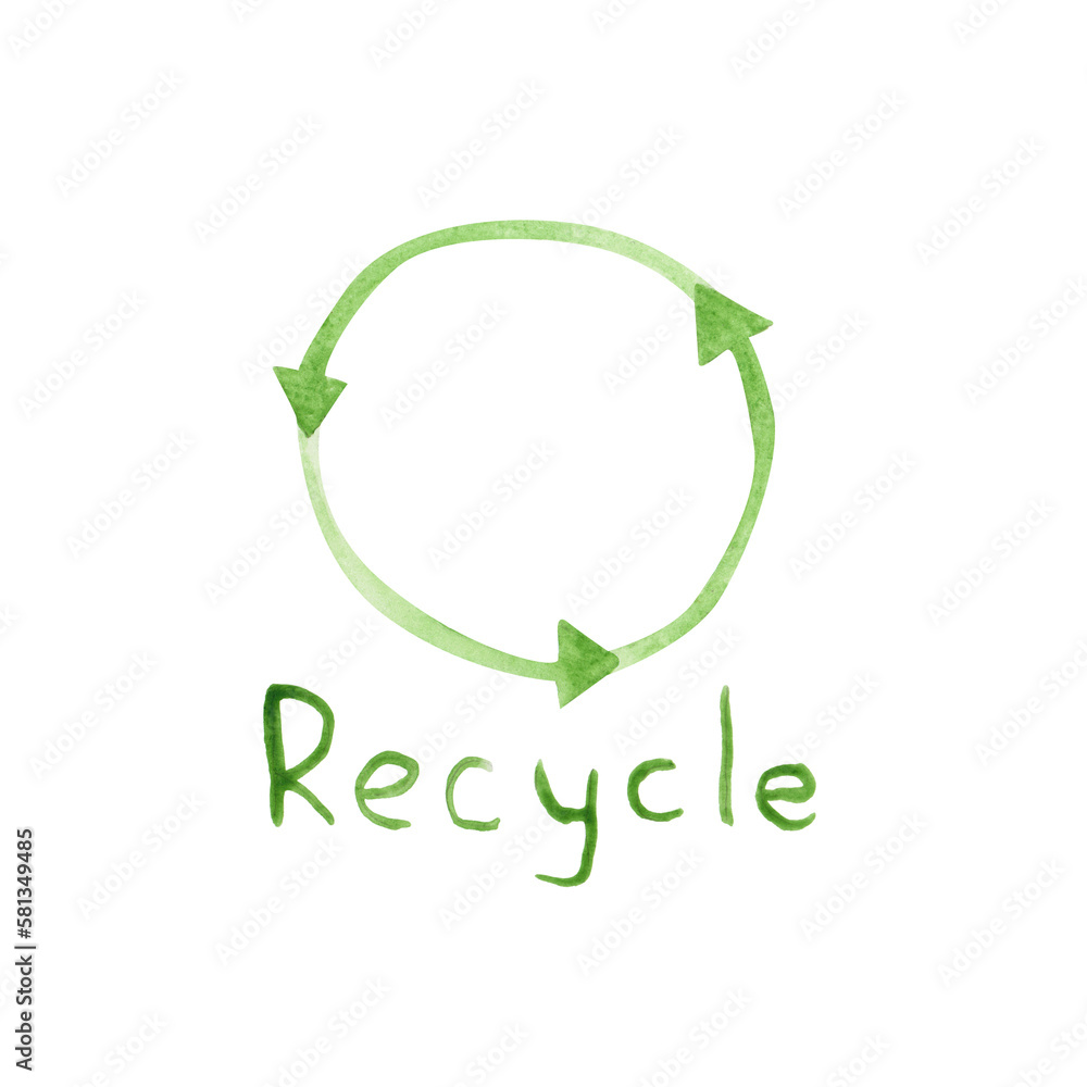 Recycle symbol in a round shape isolated. Green arrow and sign recycle. Green watercolor eco reuse clipart. Earth Day sign. Ecological icon for a resycled waste. Ecology illustration for your design. Recycle symbol in a round shape isolated. Green arrow and sign recycle. Green watercolor eco reuse clipart. Earth Day sign. Ecological icon for a resycled waste. Ecology illustration for your design.