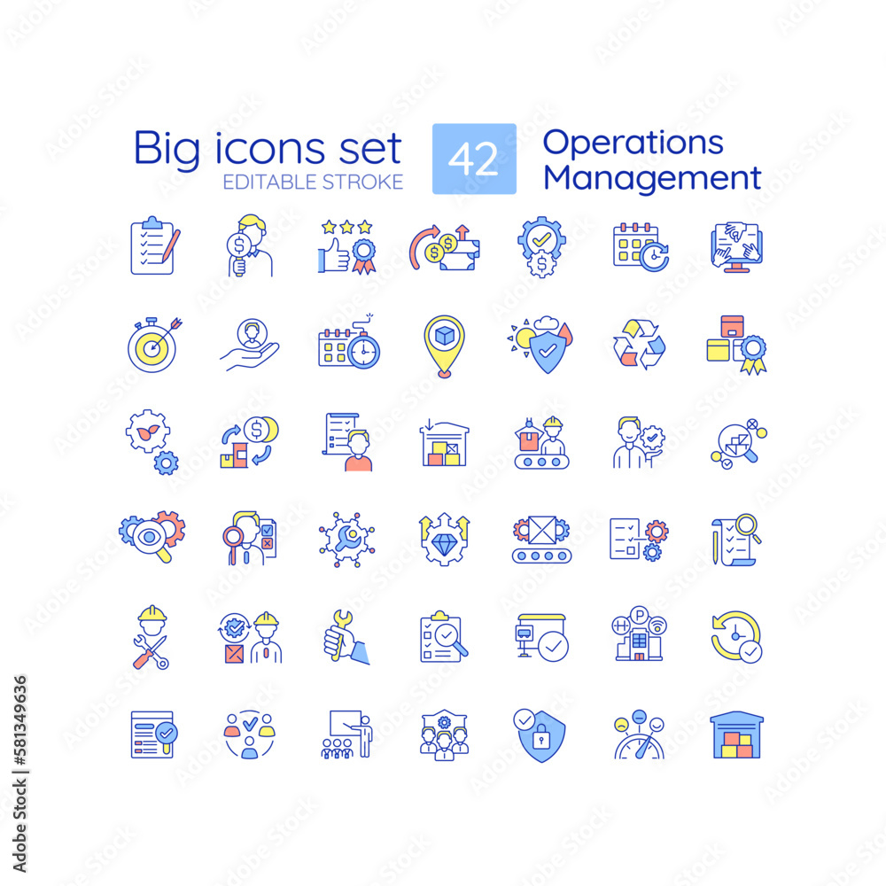 Operation management RGB color icons set. Business process administration. Maintenance and improvement. Isolated vector illustrations. Simple filled line drawings collection. Editable stroke Operation management RGB color icons set. Business process administration. Maintenance and improvement. Isolated vector illustrations. Simple filled line drawings collection. Editable stroke