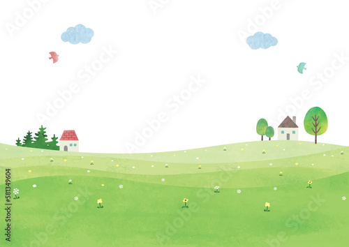 爽やかな草原の丘と木と家のシンプルな風景水彩画