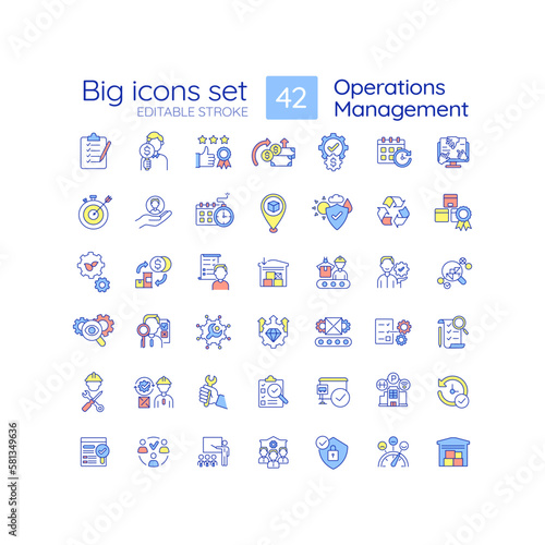 Operation management RGB color icons set. Business process administration. Maintenance and improvement. Isolated vector illustrations. Simple filled line drawings collection. Editable stroke