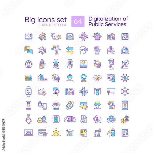 Digitalization of public services RGB color icons set. Provide services online. Digital transformation. Isolated vector illustrations. Simple filled line drawings collection. Editable stroke