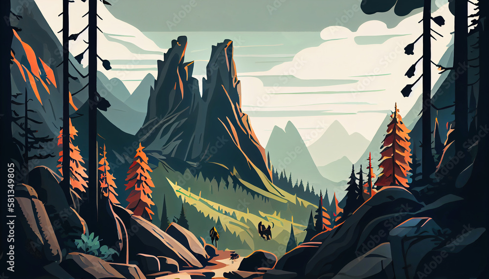Mountain hiking landscape, cartoon art forest. Generative Ai