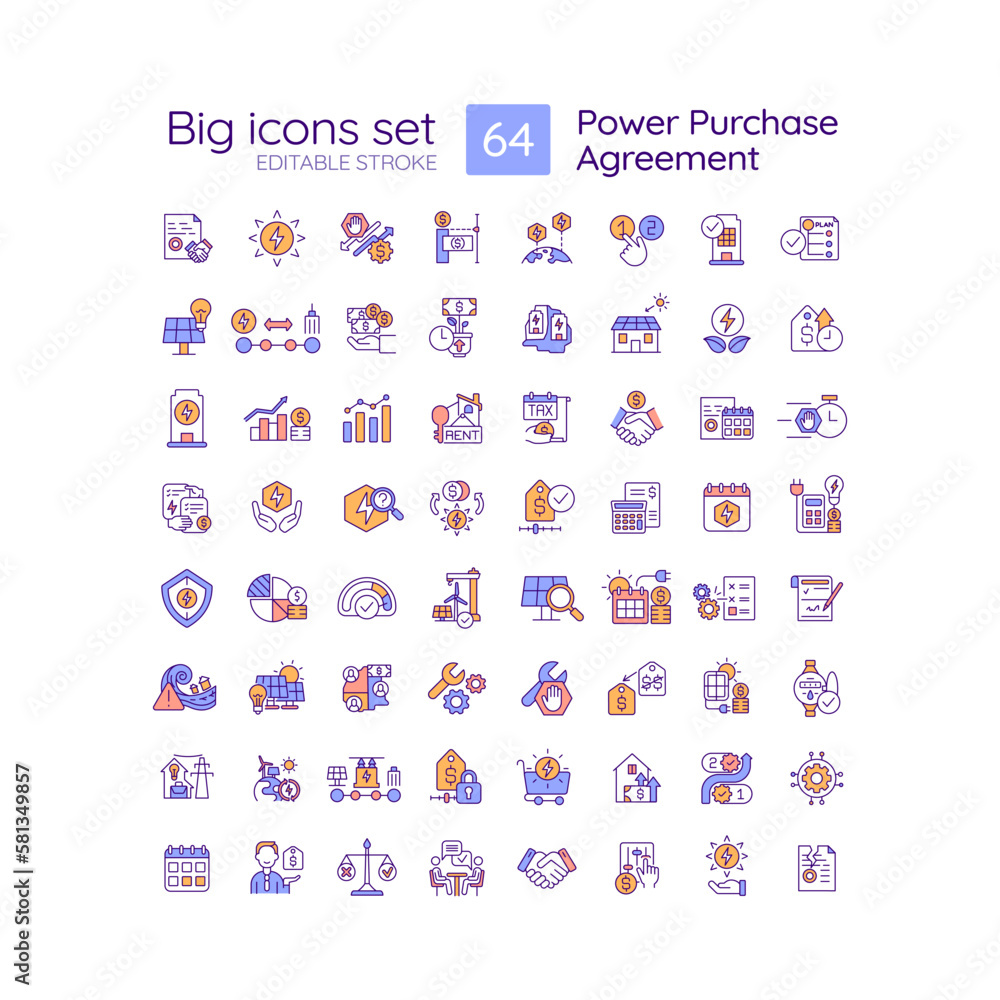 Power purchase agreement RGB color icons set. Alternative energy generation. Electricity supply. Isolated vector illustrations. Simple filled line drawings collection. Editable stroke Power purchase agreement RGB color icons set. Alternative energy generation. Electricity supply. Isolated vector illustrations. Simple filled line drawings collection. Editable stroke