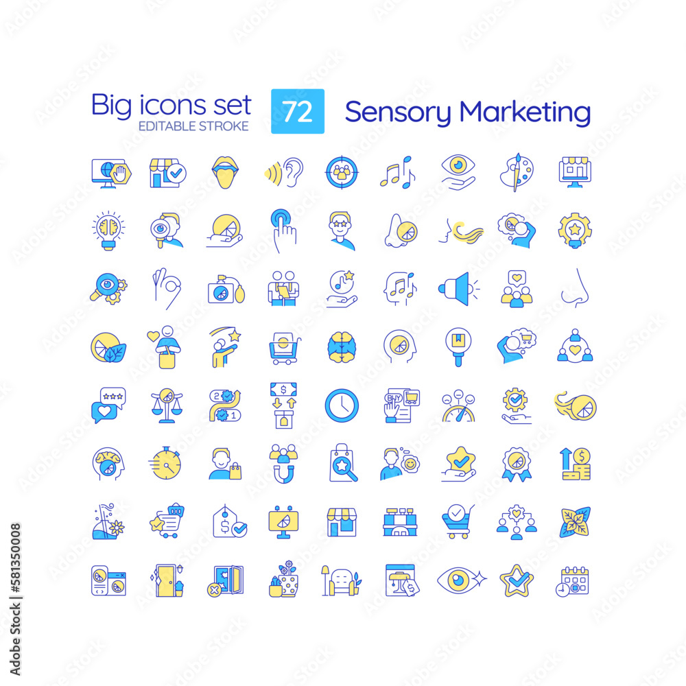 Fototapeta premium Sensory marketing RGB color icons set. Appeal to five senses. Business target audience. Product promotion. Isolated vector illustrations. Simple filled line drawings collection. Editable stroke