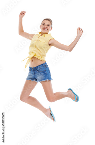 Overwhelmed with happiness. A beautiful young woman cheering against a white background. © DK Casting/peopleimages.com