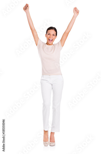 Have I got something for you. Full-length studio portrait of an attractive young woman with her arms outstretched.