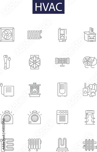 Hvac line vector icons and signs. Heating, Ventilation, Air, Conditioning, AC, Refrigeration, Cooling, Thermostat outline vector illustration set