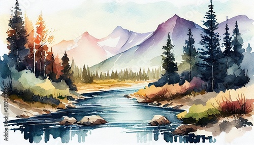 Watercolor landscape with mountains, forest and river in front. beautiful landscape. Generative AI..