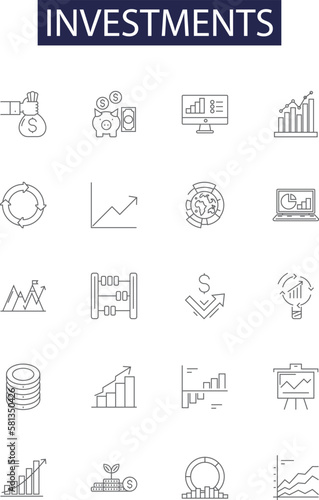 Investments line vector icons and signs. Assets, Stocks, Bonds, Interest, Equity, Portfolio, Mutual, Profits outline vector illustration set