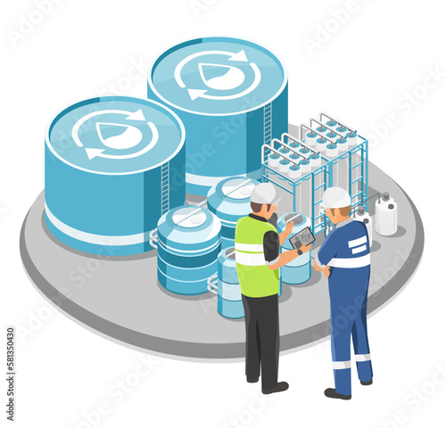 Engineer water management Industrial Wastewater Treatment process in factory plant ecology sewage treatment concept cartoon symbols  isometric isolated illustration vector