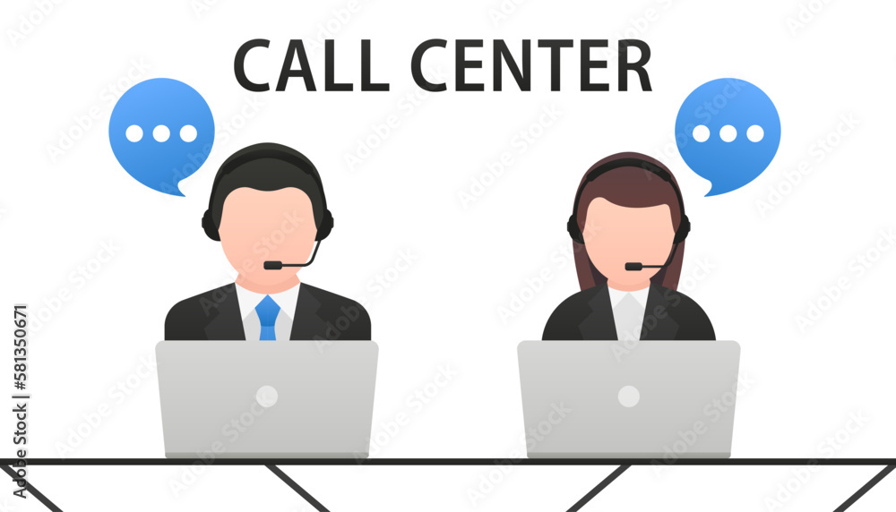Call processing center. Help, support and contacts. Male and female call center working in headphones. Customer service. Call center operator. Call center service nature of work. Vector illustration Call processing center. Help, support and contacts. Male and female call center working in headphones. Customer service. Call center operator. Call center service nature of work. Vector illustration