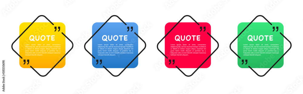 Quote frame. Quote window icon. Text fields for quotes. Blank quote template text information about the design of quote blocks bubble quotes in the blog symbols. Creative banner. Vector illustration - obrazy, fototapety, plakaty 