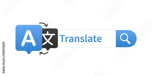 Translate using Internet, translation search. Multilingual online translator. Translation application icon. Online translator. Multilingual communication. Banner for websites. Vector illustration