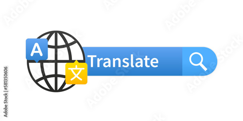 Translate using Internet, translation search. Multilingual online translator. Translation application icon. Online translator. Multilingual communication. Banner for websites. Vector illustration