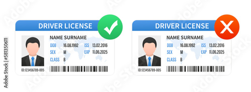 ID cards. Personal info data. Identification document with person photo. User or profile card. Driver's license. Flat style. Plastic card template with a tick and a cross. Vector illustration