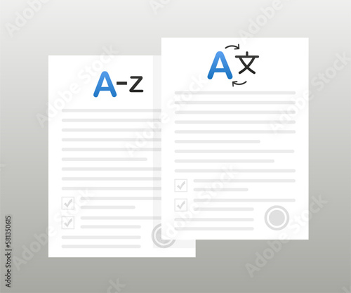 Concept of document translation from English to Chinese, multilingual business papers, translation services text translating. Translation plugin, language translation, flat design. Vector illustration