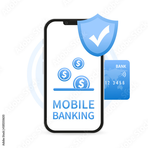 Online stores. NFC payments. Banking, financial applications and electronic payments. Payment by credit card. Transfer money through mobile banking on your mobile phone screen. Vector illustration