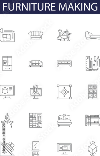 Furniture making line vector icons and signs. joinery, cabinetmaking, millwork, finishing, sanding, gluing, polishing, upholstering outline vector illustration set