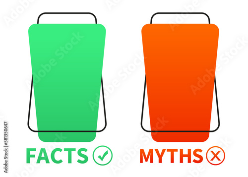 Myths, facts. Myths vs facts banners. Badges for marketing and advertising. Concept of careful fact-checking or simple comparison of evidence. Tick and cross. Pop-up web banner. Vector illustration