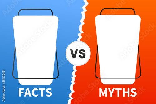 Myths, facts. Myths vs facts banners. Badges for marketing and advertising. Concept of careful fact-checking or simple comparison of evidence. Tick and cross. Pop-up web banner. Vector illustration