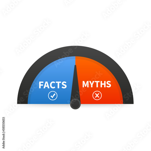 Facts myths scale. Facts vs Myths concept. Clipart image. Badges for marketing and advertising. Tick and cross. Vector illustration