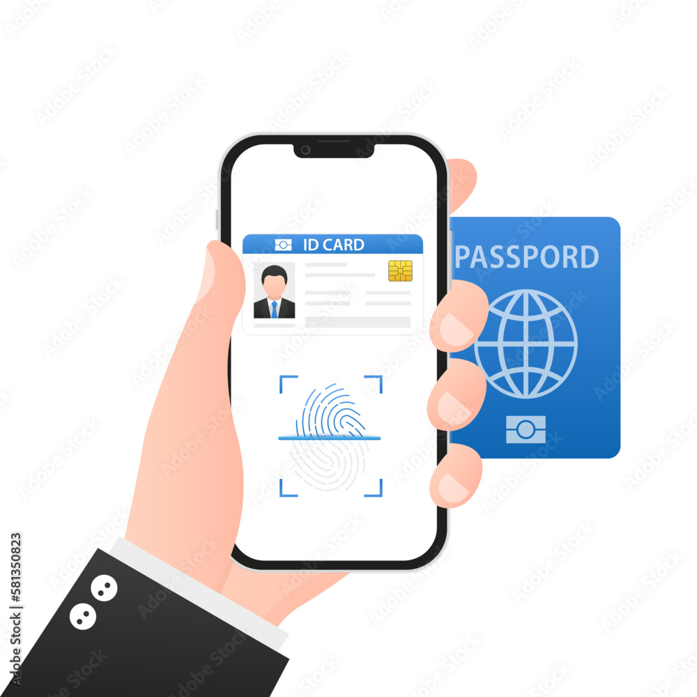 Smart ID card. Biometric documents in smartphone app. Electronic identity card. Digital passport and Driver license. Identification card. Person identification interface. Vector illustration Smart ID card. Biometric documents in smartphone app. Electronic identity card. Digital passport and Driver license. Identification card. Person identification interface. Vector illustration