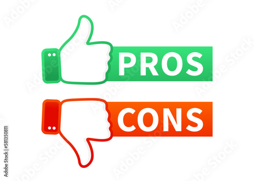 Pros cons in flat style. Flat icon. Check mark icon. With thumb up and down. Banner for social networks and web banners. Vector illustration