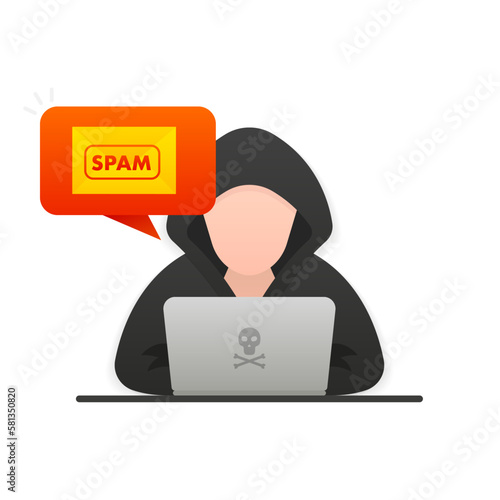 Warning and alert spam notification. Hacker attack. Envelope with spam. Spamming mailbox. Hacker alert, spam data on laptop fraud error message, scam, virus. Vector illustration