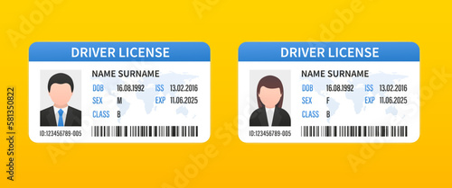 Driver's license. ID card. Identity card with a photo of a man and a woman. Driving license icon. Driver's license ID with avatar icon. Plastic card template. Identification card. Vector illustration
