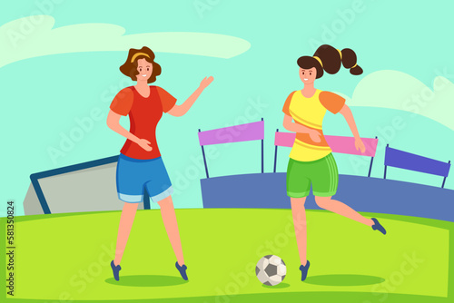Happy women playing football vector illustration. Professional female players on field with ball. Friendly soccer match. Women's football, competition, sports, feminism concept
