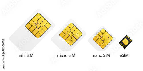 Set of SIM cards. SIM Mobile connection. Mobile phone icon microcircuit. Mobile communication technology symbol. mini sim, micro, nano, esim. Vector illustration