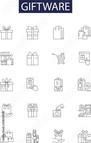 Giftware line vector icons and signs. Keepsakes, Mementos, Trinkets, Ornaments, Presentations, Pinches, Awards, Souvenirs outline vector illustration set