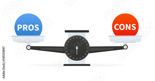 Libra icon. Pros cons in flat style. Flat icon. Check mark icon. The bowls of the scales are in balance, the imbalance of the scales. Bowls of scales in balance. Vector illustration
