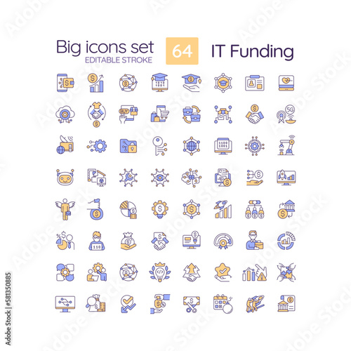 IT funding RGB color icons set. Investment in software development. Financial resources of tech development. Isolated vector illustrations. Simple filled line drawings collection. Editable stroke