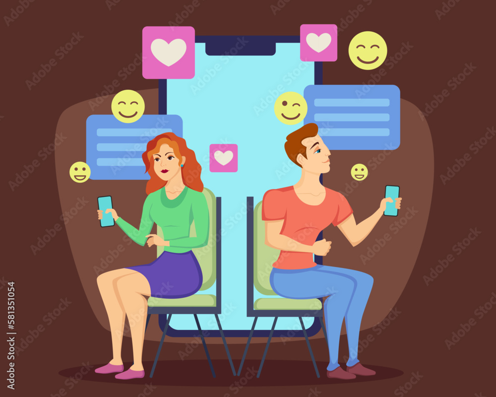 Couple texting online vector illustration. Man and woman holding smartphones, talking with messages, hearts, smiling faces. Dating in social media, online dating, long distance relationship concept Couple texting online vector illustration. Man and woman holding smartphones, talking with messages, hearts, smiling faces. Dating in social media, online dating, long distance relationship concept