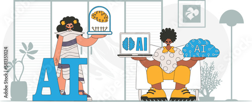 ﻿Guy & girl AI duo with a fashionable look, vector illustration.