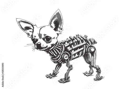 Biomechanical Chihuahua cyborg. Doodle sketch. Vector illustration.