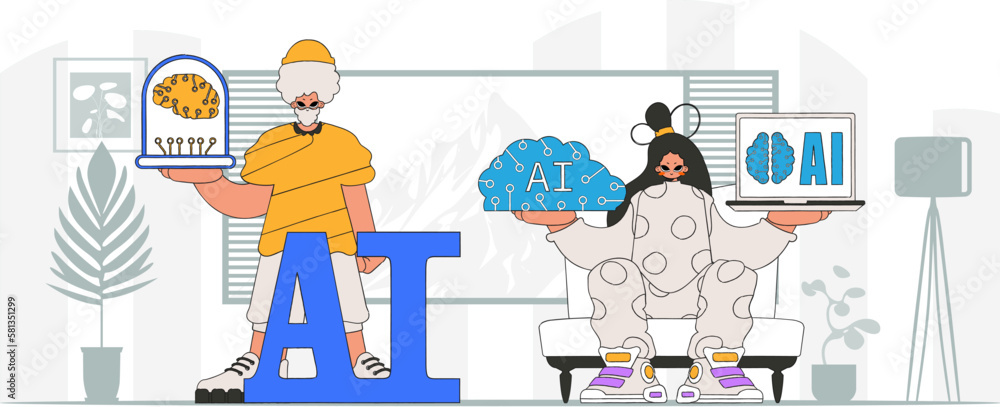 AI team of a guy and girl in modern style, vector image. AI team of a guy and girl in modern style, vector image.