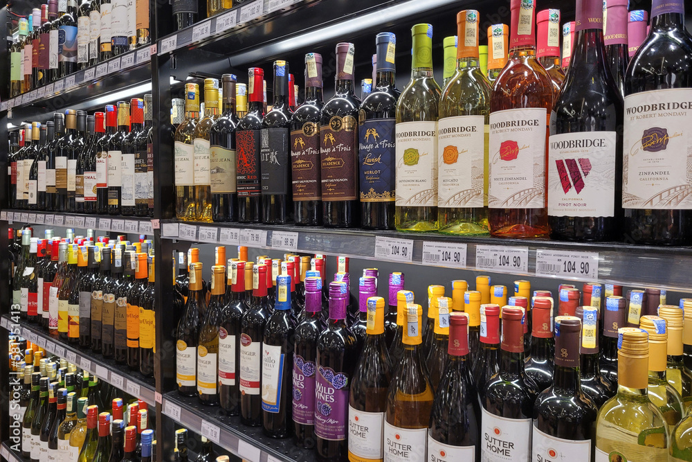 Penang, Malaysia 15 Mar 2023 Wine bottles and liquor display on the