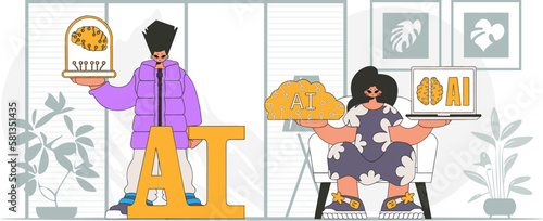 Vector illustration of fashionable guy and girl AI team.