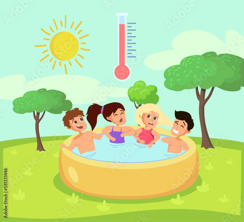 Group of friends in pool vector illustration. People suffering from hot weather, cooling off in water in garden. Hot weather, high temperature, climate change, global warming concept