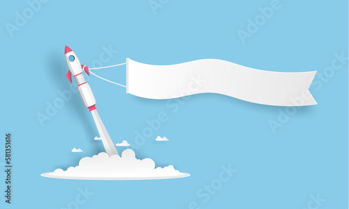 rocket or spaceship launch into the sky over the clouds and icon on blue background. Vector paper art in start up project or business concept.