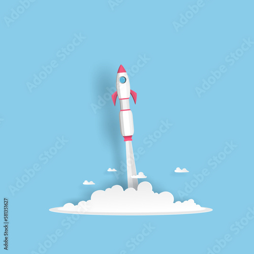 Fototapeta Naklejka Na Ścianę i Meble -  rocket or spaceship launch into the sky over the clouds and icon on blue background. Vector paper art in start up project or business concept.