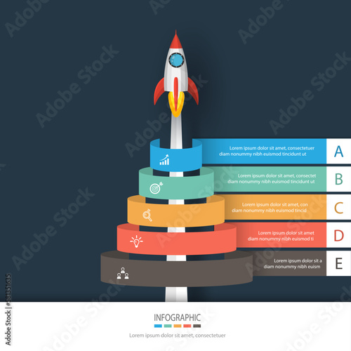 Space rocket or plane red - white color launch through the label and icons on dark colour background. Infographic of business template of vector illustration paper art concept.