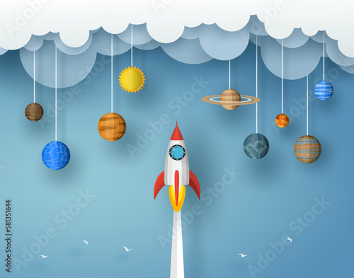 Spaceship or rocket red - white color launch to the solar system in the universe and flying to the asteroids on blue background. origami vector illustration paper art concept.