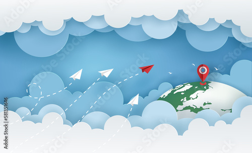 Paper airplane launch over the cloud on the sky go to red target or landmark on earth
Team work or business concept.
Vector illustrator paper art design.